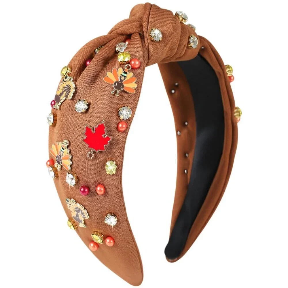 Thanksgiving Turkey Headband Women Fall Festive Rhinestone Beaded Hair Accessory